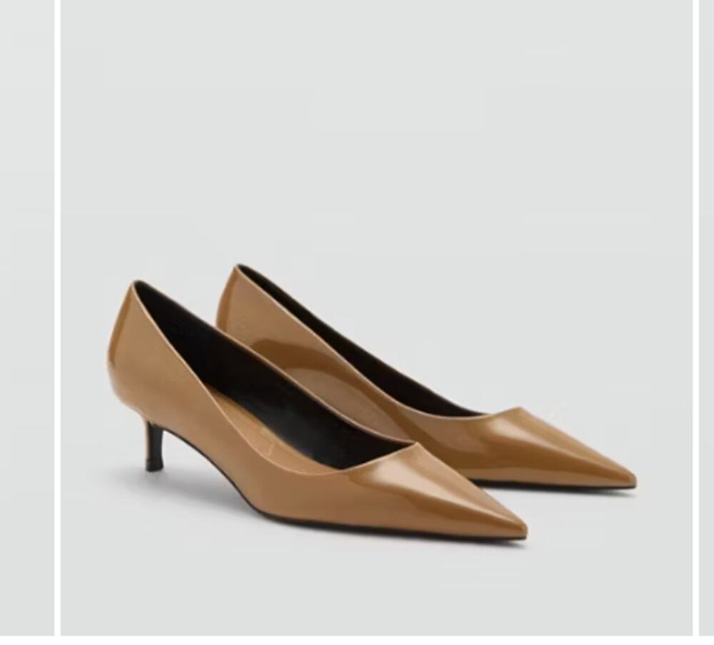 NWT Mango Kitten Heel Patent Faux Leather Shoe Mediu Tan Size 37 US 6.5